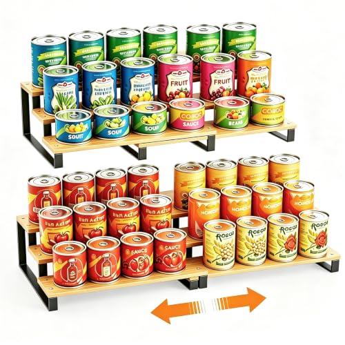 3-Tier Expandable Bamboo & Iron Can Organizer, Holds 30 Cans, Black | Adjustable Pantry Can Storage Rack, Cabinet Food Can Shelf, Easy-Access Holder for Canned Goods, Assembly Required, Black