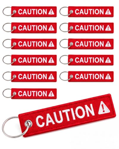 Kenning 12 Pack Caution Key Chain Safety Tag Double Sided Red Fabric Warning Keyring 1 x 5 Inch for Motorcycle Atv Fleet Management Industrial Equipment High Visibility Embroidered Luggage Tag