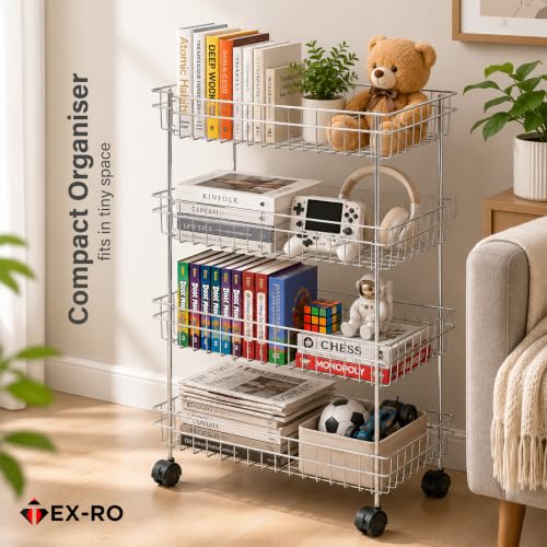 Image of TEX-RO Stainless Steel Vegetable Stand for Kitchen with Wheels | 4 Tier Kitchen Trolley Organizer | Onion Potato Storage Rack | Multipurpose Steel Storage Rack & Vegetable Basket for Modular Kitchen