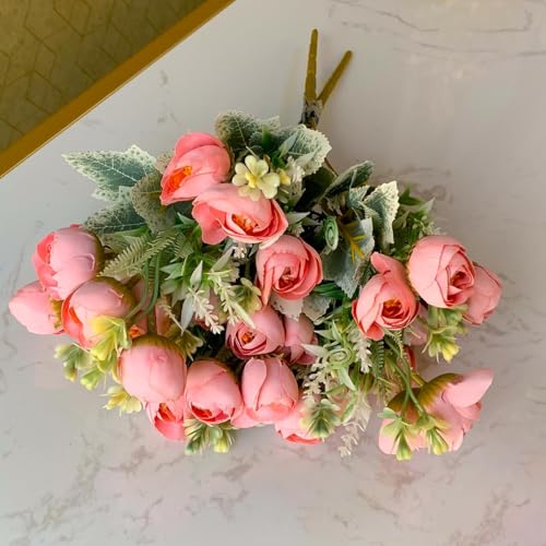 Image of Art Street Artificial Pink Rose Flowers Bunch for Home Decor Bedroom, Living Room, Restaurant Centerpieces| New Year, Christmas| Set of 2, 14 Head (13 Inch) Small, Without Vase