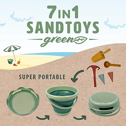 Schildkröt® 7in1 Sand Toys Set in Bio-Qualität: Innovatives Sand-Spielset mit 6 Werkzeugen aus Zuckerrohr zum Graben, Formen, Sieben und Rechen, Faltbarer 3 Liter Eimer