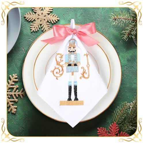 Peryiter Set of 4 Christmas Nutcracker Cloth Napkins 18 x 18 Inch Embroidery Reusable Washable Cotton Dinner Cloth Napkins Tabletop Collection for Xmas Dining Kitchen Party Wedding Decoration Supplies – Image 3