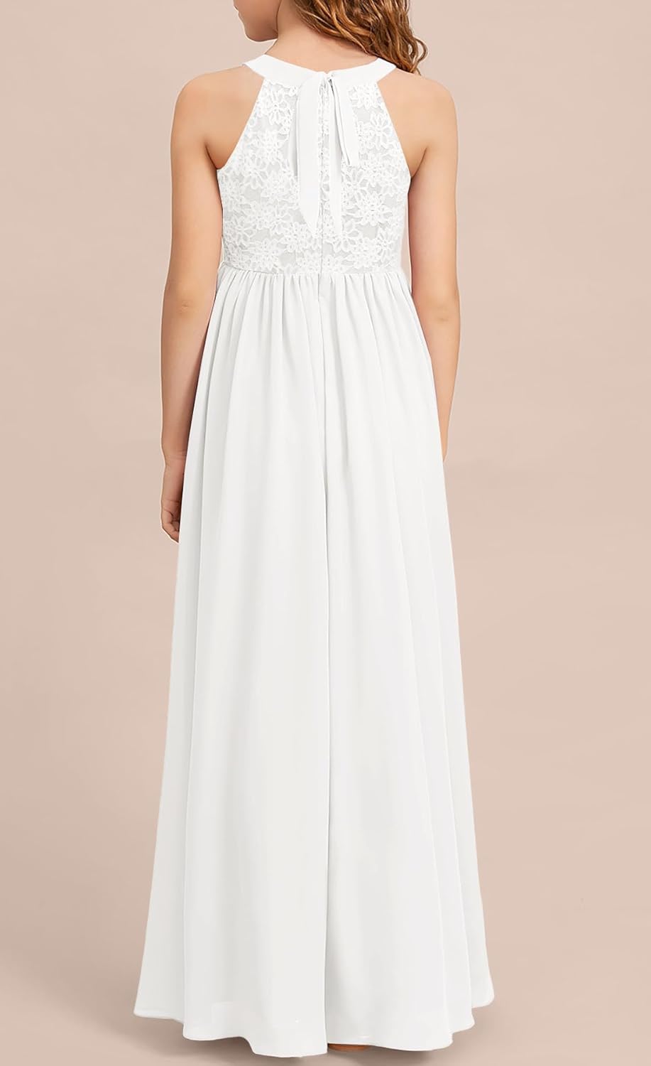 HOSIKA Girls Halter Neck Sleeveless Elegant Lace Chiffon A-line Long Flower Girl Dress for Wedding Party 6-12 Y - Image 4