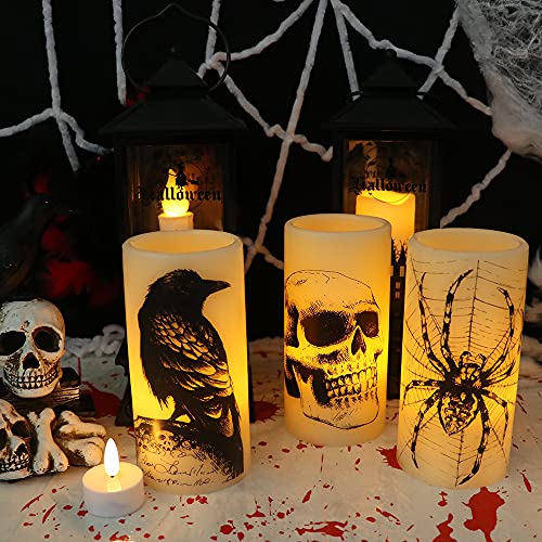 Image of Halloween Flameless Candles with 6H Timer, LED Pillar Candles mit Skull, Spider Web, Crow Raven Decals Set of 3, Battery Operated Real Wax Candles, Halloween Decor Horror Gothic Punk
