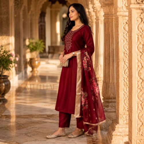 Image of Kaththai Women Embroidered Kurta and Pant Set with Dupatta | Ethnic Suit Set for Women | Floral Printed Organza Dupatta | Festive, & Traditional Kurta Set