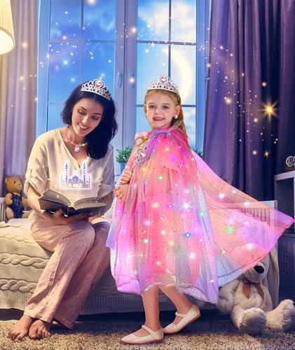 Princess Dress Up for Girls, Unicorn Light up Princess Cape Princess Dress Costume Crown Gift for Girls 3 4 5 62