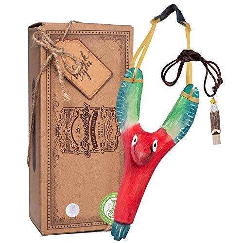 AGREATLIFE AGL Bunte Handgefertigte Papageien-Steinschleuder für Kinder aus Holz - Entdecker-Pfeife + Munitions-Tasche! Extra Elastisches Gummi mit extra Ersatzgummi