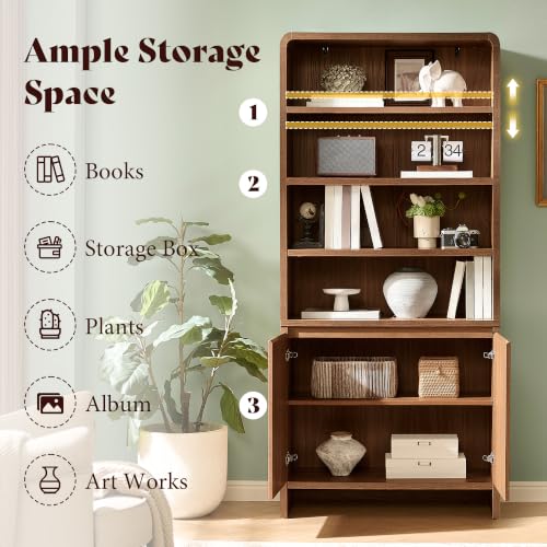 Image of AMERLIFE 71 inch Modern Bookcase Set of 2 with Storage Cabinets, 6-Tier Wood Bookshelf with Doors & Adjustable Shelves, Curved Design Display Cabinet for Living Room, Bedroom, or Home Office, Brown