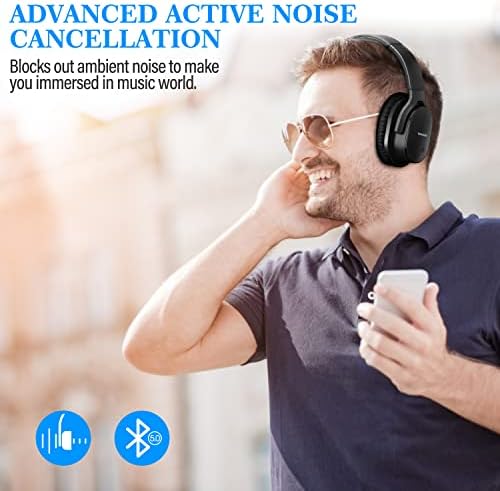 wotdehi Active Noise Cancelling Headphones, Deep Bass Wireless Headphone, Noise Reduction Headsets with Voice Assistant, Memory Protein Earpads 40 Hours Playtime for Travel/Home/Office-Black