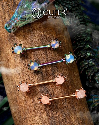 OUFER 14G Nipple Rings - 316L Surgical Steel Piercing Jewelry, 2PCS Pink Opals Surrounded by Dragon Claws Barbell4