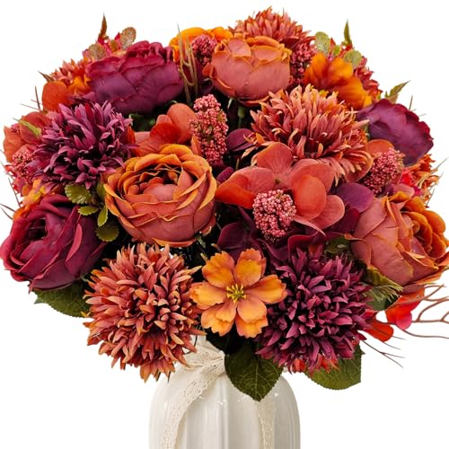 FOUSUKA 2 Bundles Fall Artificial Flowers Bouquet Fake Peony Silk Chrysanthemums Autumn Faux Floral Arrangements for Home Decor Indoor Kitchen Table Centerpieces Vase Decoration (2 Fall Colors)