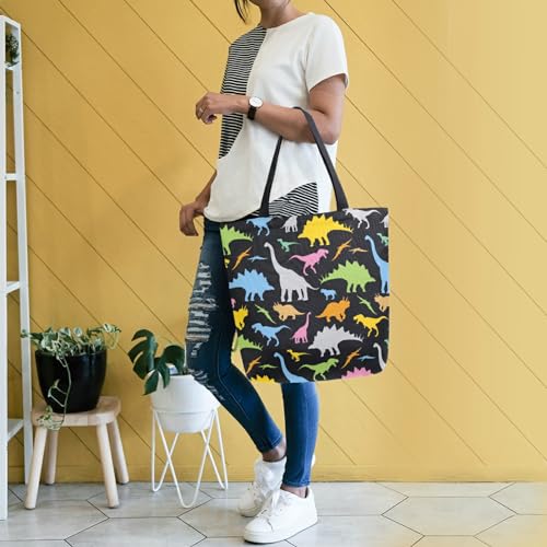 Image of Colorful Dinosaur Canvas Tote Grocery Bag Shoulder Casual Book Bag Large for Women Teachers, Animal Cotton Bag Shopping Purse Handbag Reusable Multipurpose Use