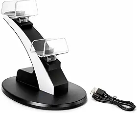 Base Dock Carregador Duplo para Controle PS5, Suporte USB para 2 Controles Simultâneos, com LED Indicador, Preto e Branco