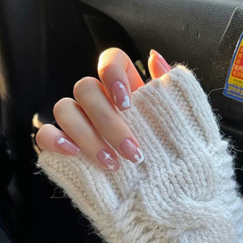Glossy Short Square Press on Nails with Designs,French Pink Acrylic Nails Press on,Stick on Nails for Women,Artificial Glue on Nails,Fake Nails with Star Pattern for Nail Art Decoration,24PCS
