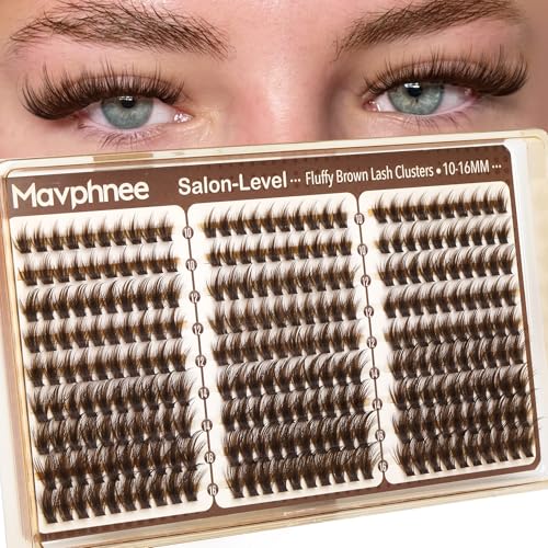 Mavphnee Brown Lash Clusters Wispy Fluffy Individual Eyelash Extensions Dark Brown Featherlight Lashes with Seamless Flexible Band & CC Curl 10-12-14-16MM 270PCS Value Pack