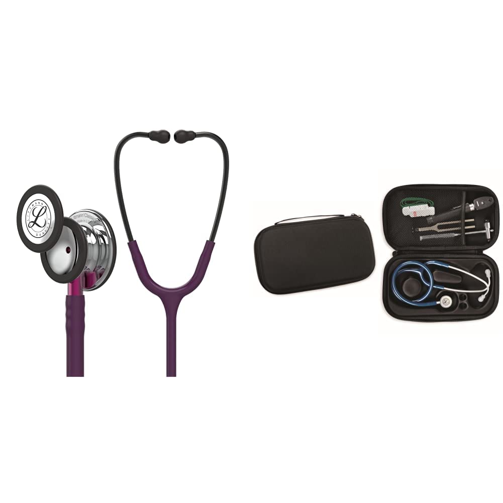 3M Littmann Classic III, Stetoscopio, testina con finitura a specchio, tubo auricolare prugna, connettore rosa, archetto nerofumo, 5960 + GIMA ASTUCCIO PORTA FONENDO, Nero, Uso Professionale