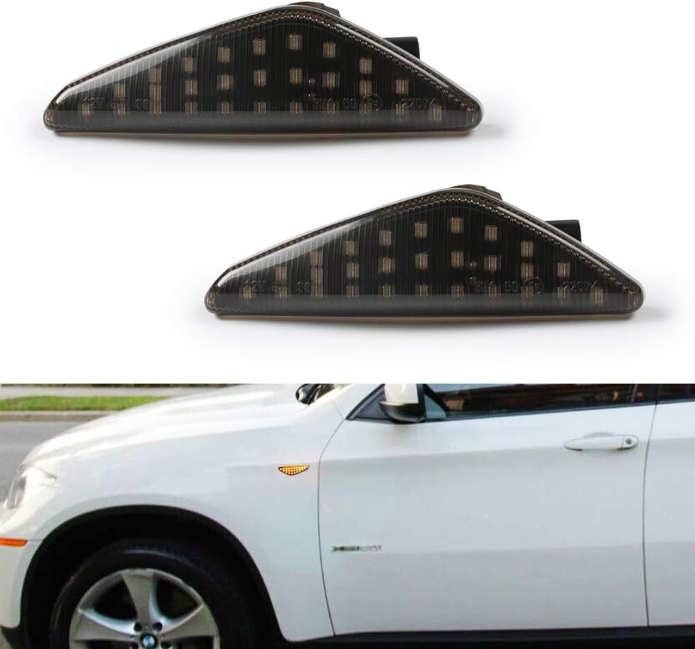 Gempro LED Side Marker Sequential Amber Front Turn Signal Light For BMW E70 X5 E71 X6 F25 X3, Smoked Black 2PCS