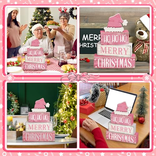 Image of Moucuny 4 Pcs Christmas Table Decorations Pink Santa Hat Decor Christmas Tiered Tray Decor Rustic Wood Pink Hat Block Sign Gift Xmas Table Centerpiece Farmhouse for Home Shelf Kitchen Decorations