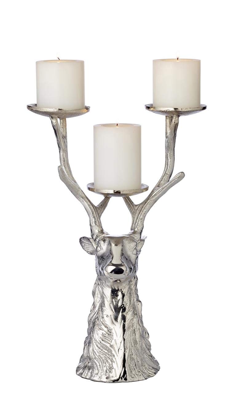 EDZARD Kerzenleuchter Hirsch (H 32,5 cm) Aluminium vernickelt silberfarben, für 3 Stumpenkerzen ø 6 cm - Kerzenhalter, Kerzenständer, Winter Deko, Jagd Deko