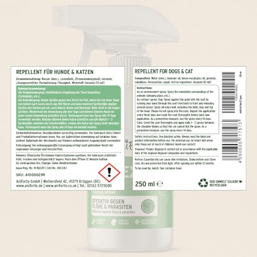 AniForte Flohspray für Hunde & Katzen 250 ml - Floh-Ex Spray zur Abwehr gegen Flöhe, Flohmittel bei Parasiten & Flohbefall, Antiflohmittel mit Geraniol & natürlichen Ölen