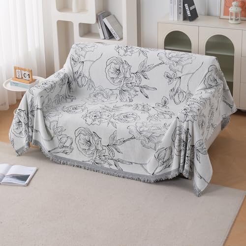 Image of HOKIPO 320 GSM Chenille Sofa Throw Blanket for 2 Seater Sofa - Printed All-Season Sofa Cover, 'Serene Abode Series' White Rose Garden (180x250 cm) (AR-6632-D1)