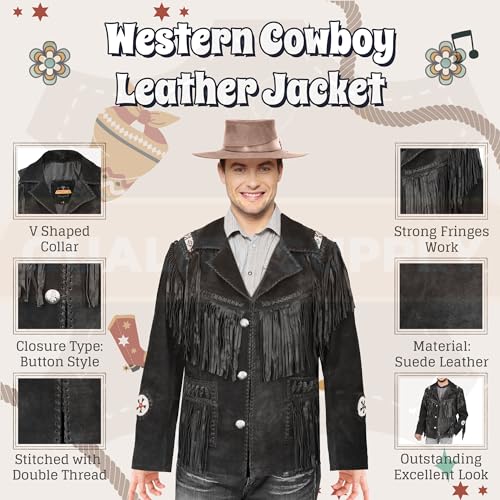 Image of Men's Traditional Cowboy Western Leather Jacket | Native American Authentic Suede Coat with Beaded & Fringed