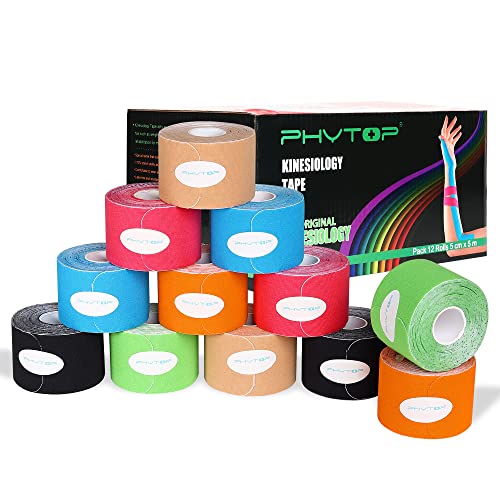 PHYTOP 12 rouleaux de Bande de Kinésiologie Prédécoupée – Tape Kinesiologie 5cm x 5m pour le genou, l'épaule et le coude, K Tape pour le soutien...
