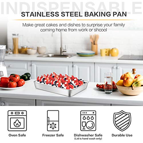 E-far Stainless Steel Baking Pan with Lid, 12⅓ x 9¾ x 2 Inch Rectangle Sheet Cake Pans with Covers Bakeware for Cakes Brownies Casseroles, Non-toxic & Healthy, Heavy Duty & Dishwasher Safe - Set of 2 by E-far - Image 4