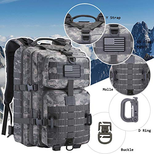 Image of Hannibal Tactical MOLLE Assault Backpack, Tactical Backpack Army Military Camping Rucksack, 3-Day Pack Travel Trip w /USA Flag Patch, D-Rings, ACU Camo