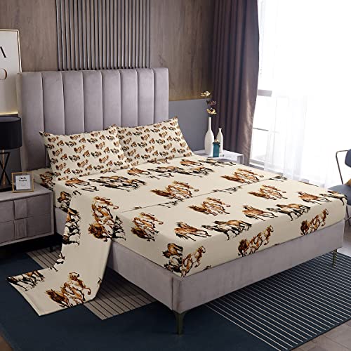 Set di lenzuola per bambini con cavalli e cavalli di galoppo, ultra morbido, set di biancheria da letto con cavalli marroni, con tasca profonda e lenzuolo con angoli king size