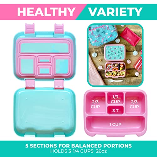 Image of kinsho Bento Lunch Box. Insulated Bag, Water Bottle & Ice Pack Set for Kids, Toddlers, Girls. 5 Portion Sections, Removable Tray, Pre-School Toddler Daycare Lunches, Snack Container, Aqua Cat Mermaid