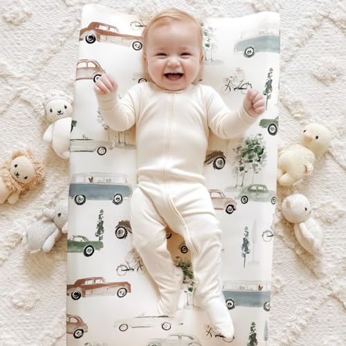 Image of GRSSDER Stretch Ultra Soft Jersey Knit Changing Pad Cover Set 2 Pack, Change Table Pad Covers Fit 32 inch /34 inch x 16 inch Pads Safe and Snug, Pretty Diaper Changing Pad Covers of Cars Print