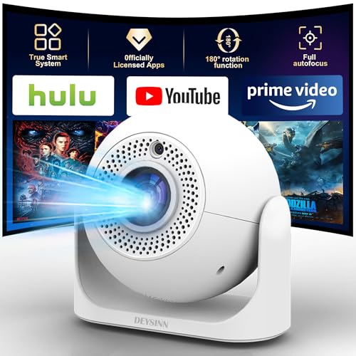 Smart Mini Projector with WiFi & Bluetooth, 4K Support 180° Rotatable Auto Focus & Keystone Portable Proyector with Built-in APPS and Speaker Outdoor Movie Home Theater Projector