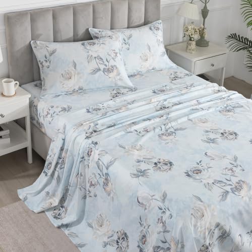 Image of Dusty Blue Floral Percale Sheets California King Deep Pocket, 4Pcs | 100% Cotton Neutral Print Sheet Set, Flower Leaf Farmhouse Bed Sheets, Cottage Core Designer Bedding, French Country, Coastal