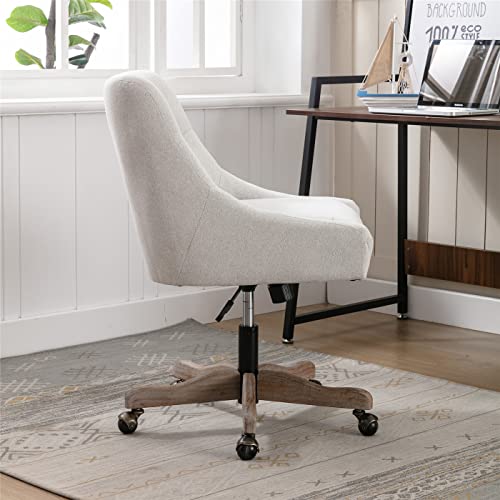 Turridu Swivel Office Chair, Modern Tufted Linen Upholstered Swivel Task Chair With Wood Base And Wheels, Height Adjustable Work Chair Leisure Shell Vanity Chair For Bedroom Living Room, Beige #TOP6