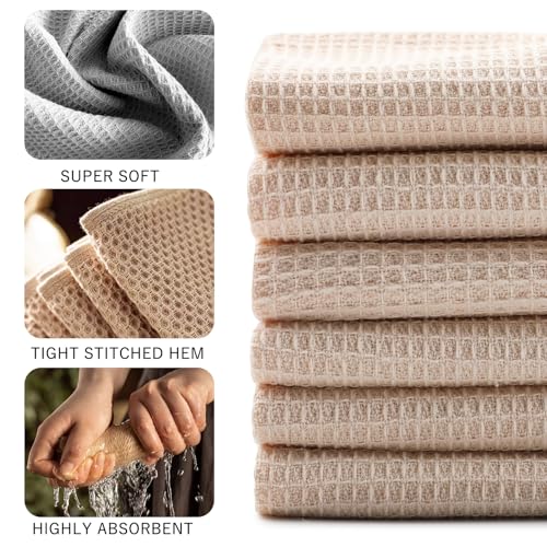 Jogoico 100% Cotton Kitchen Cleaning Cloths 6 PCS Highly Absorbent Soft Dish Cloths (35 x 35 cm) Kitchen Dish Towels Quick Drying Towels Waffle Hand Towels- Beige - Image 3