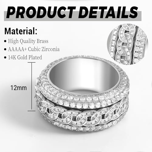 Iced Out Rings for Men, 24MM Large Simulated Diamond Mens Wedding Band 14K White Gold Plated Full 5A CZ Hip Hop Ring Chunky Bling Cluster Men's Pinky Rings Rapper Jewelry Gift 7-10US2