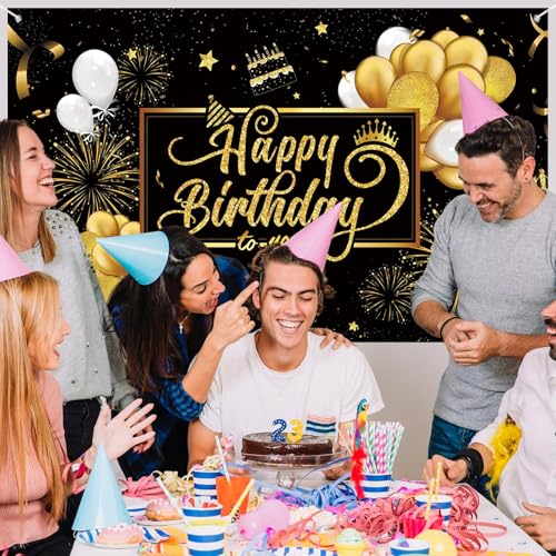 Banner Happy Birthday fondo negro dorado 180x110 cm miniatura 6