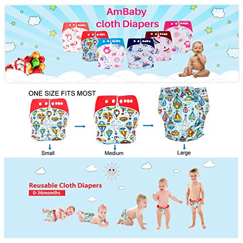 Image of Ambaby Cloth Diapers Combo Pack Quick Dry Comfort Gots Certified Free Size Button Adjustable, Washable, Reusable, Multilayered Cotton Pads And Boosters, Parachute And Animals Blue Printed - Pack Of 2