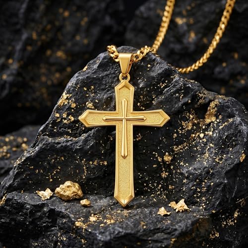 Image of Midari Gold Cross Necklace for Men 18K Gold Cross Pendant Minimalist Faith Necklace Christian Pendant Religious Gift