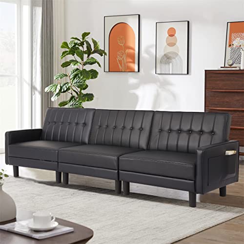Ipkig 106.9" Futon Sofa Bed, Convertible Sleeper Sofa, 3-Seater Sofa Bed Couch, Faux Leather Split-Back Sofabed For Living Room Home Office Hotel With Adjustable Backrest And Side Pockets (Black) #TOP9