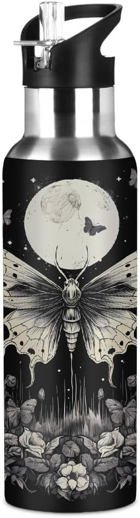 Retro Butterfly Moon Flower Water Bottle 20 oz Insulated Water Bottles with Straw Leakproof Vacuum Thermal Stainless Steel Water Bottle for Kids Adults