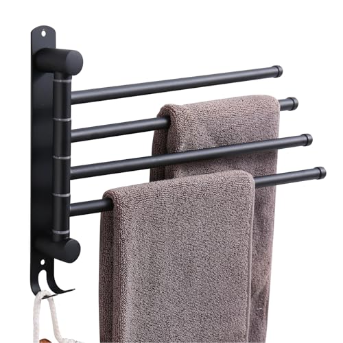 Swivel Towel Rack 14 Thicken 304 Stainless Steel 4-Arm Adjustable Towel Bar Wall Mounted Towel Holder with Hook Space Saving for Kitchen Bathroom Outdoor (Black 4 Arms)