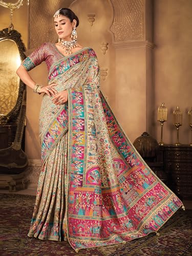 Image of Glory Sarees Women's Luxurious Dola Pure Silk Original Saree Position Print Work Madhubani Inspired Motifs Banarasi Kanjivaram Style Saree With Blouse Piece (Elegant101 Parent)