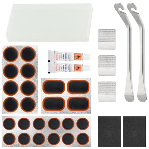 XIAOCUNCN Kit de reparación de parches interiores para neumáticos de bicicleta, con 24 parches de vulcanización, escofina de metal y 2 palancas de acero inoxidable de alta calidad, también para