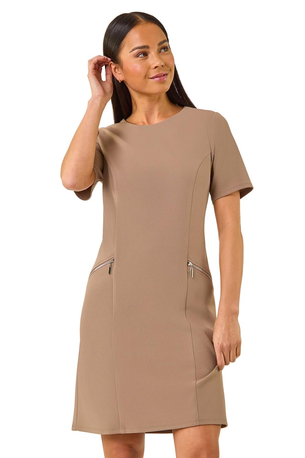 Roman Spot Print Zip Pocket Jersey Dress for Women UK - Ladies Everyday Holiday Autumn Winter Round Neck 3/4 Sleeves Comfy Soft Evening Vacation Work Party Shift