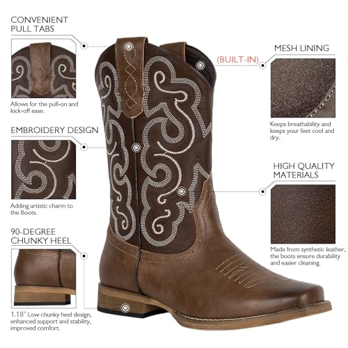J's.o.l.e Mens Cowboy Boots Square Toe Western Boots Pull on Silp Resistant Brown Work Boots4