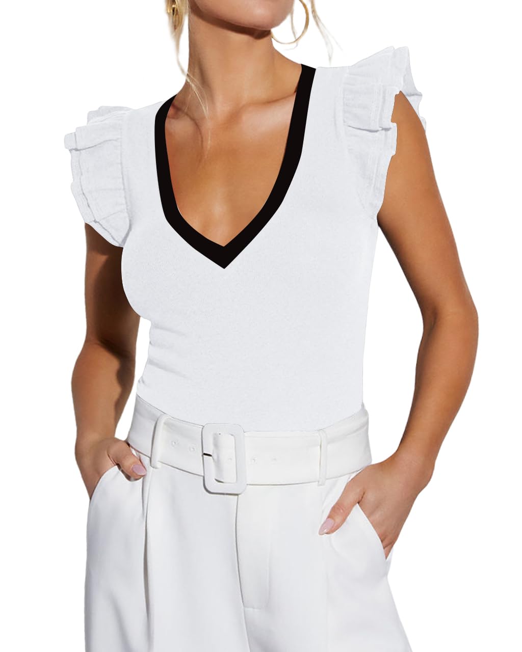 INFITTY Women's V Neck T Shirts Ruffle Sleeve Tops Dressy Sexy Sleeveless Slim Fitted Ribbed Tank Top Summer 2025
