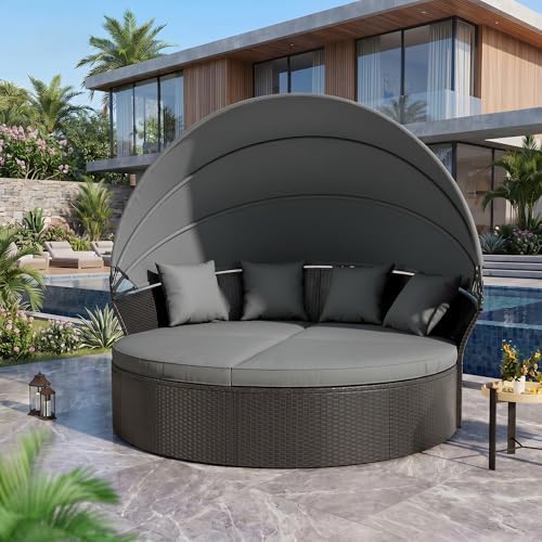 Crownland Round Patio Daybed with Retractable Canopy, Clamshell W...
