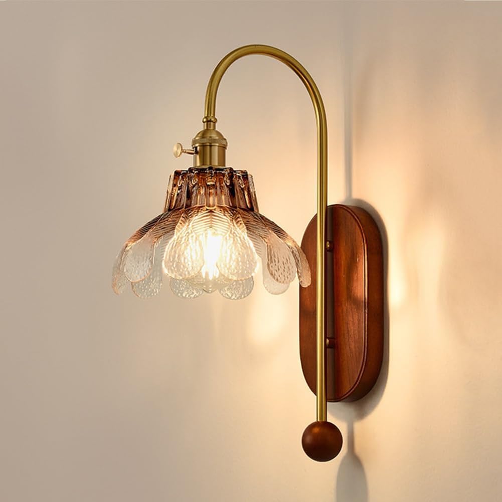 LOGT Wooden Wall Lamp with Glass Shade, Crystal Wall Light, Vintage Floral, Florentine Bedside Lamp, Amber-Coloured Petal Glass, Living Room Lamp for Bedside and Bedroom